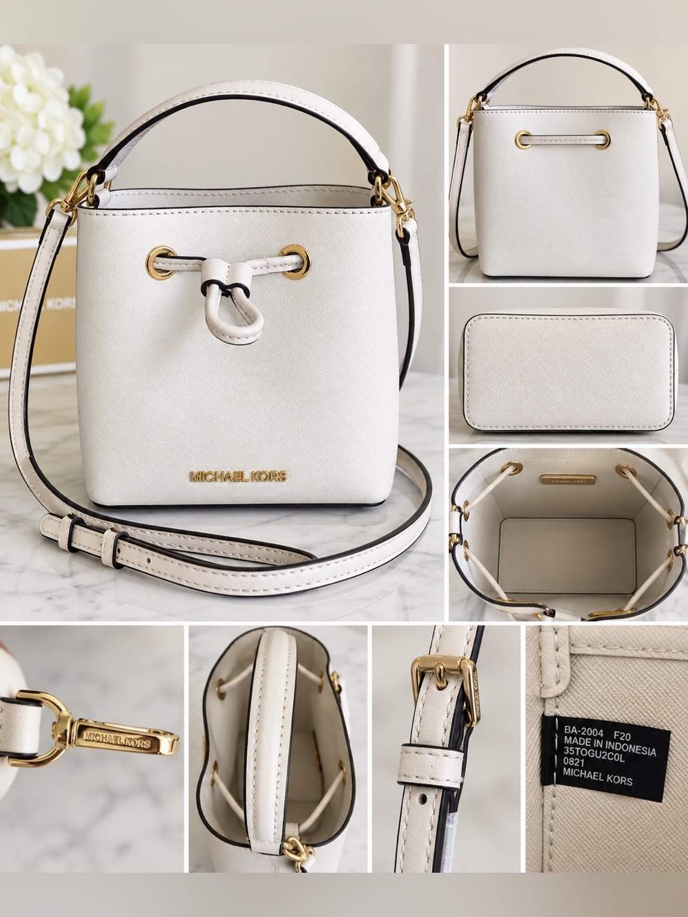 Michael Kors White Saffiano Bucket Bag Crossbody Gold Hardware Adjustable Strap